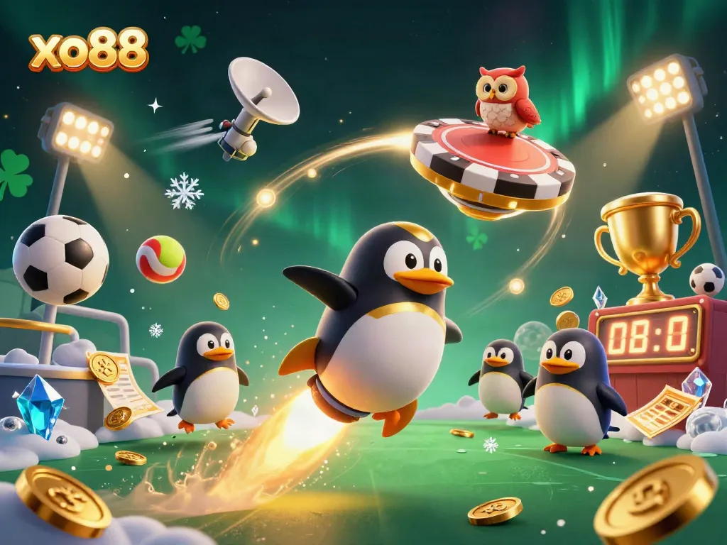Experience the thrilling world of xo88 with a dynamic scene featuring a golden penguin and casino elements.
