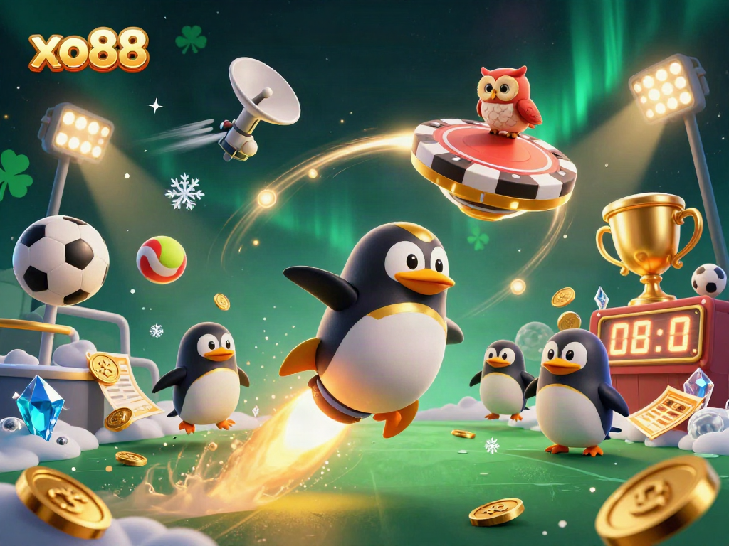 Experience the thrilling world of xo88 with a dynamic scene featuring a golden penguin and casino elements.