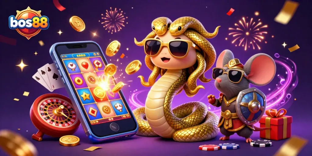 Experience the excitement of bos88 with dynamic slot games and vibrant characters in this casino illustration.