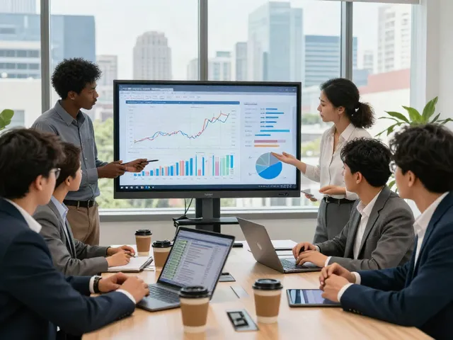 Kolaborasi tim profesional di DOLAR123 membahas strategi keuangan dengan data analitik.