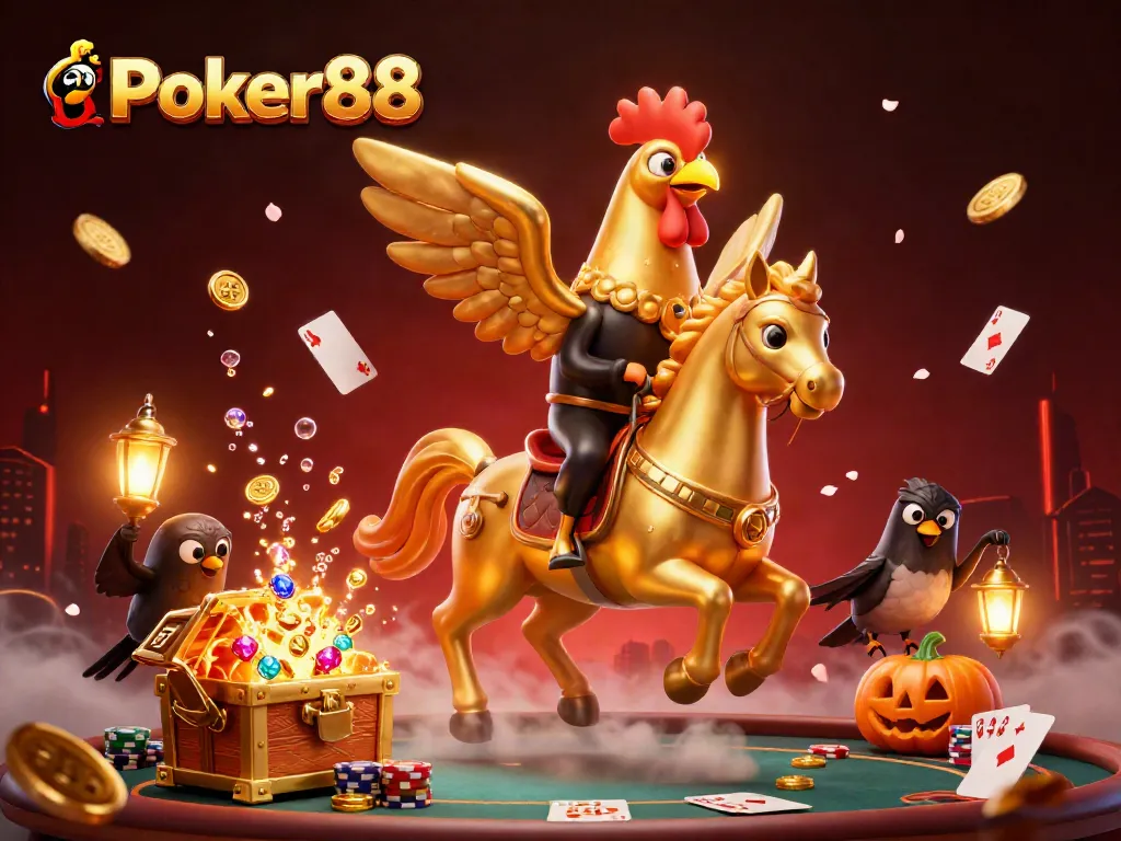 Experience the thrill of Poker88 with a lively casino scene filled with golden rooster characters and animated gameplay elements.