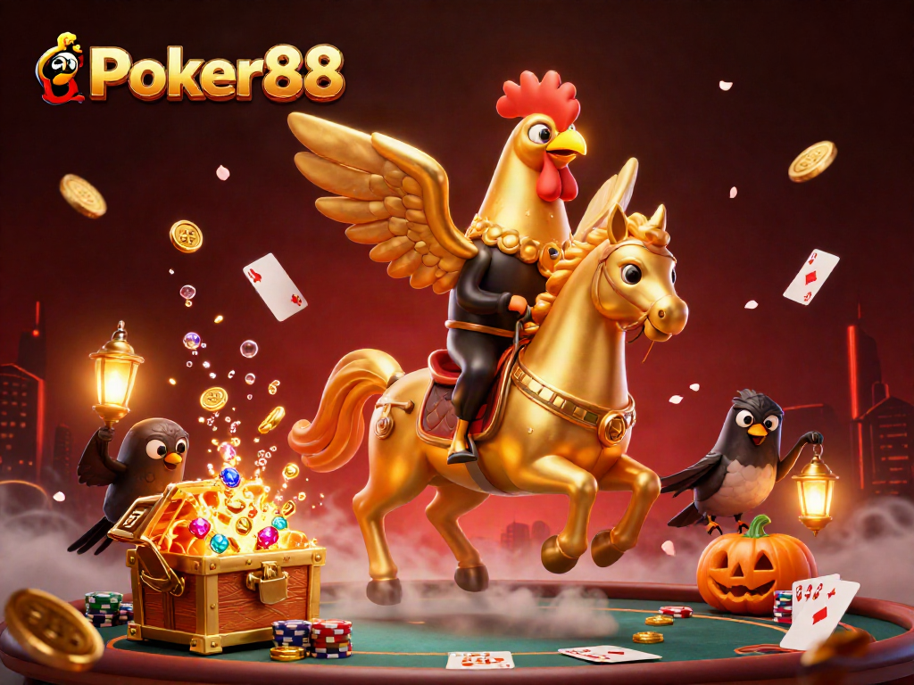 Experience the thrill of Poker88 with a lively casino scene filled with golden rooster characters and animated gameplay elements.