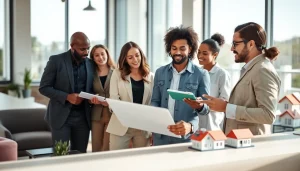 Explore stunning real estate properties with professionals in a modern office setting.