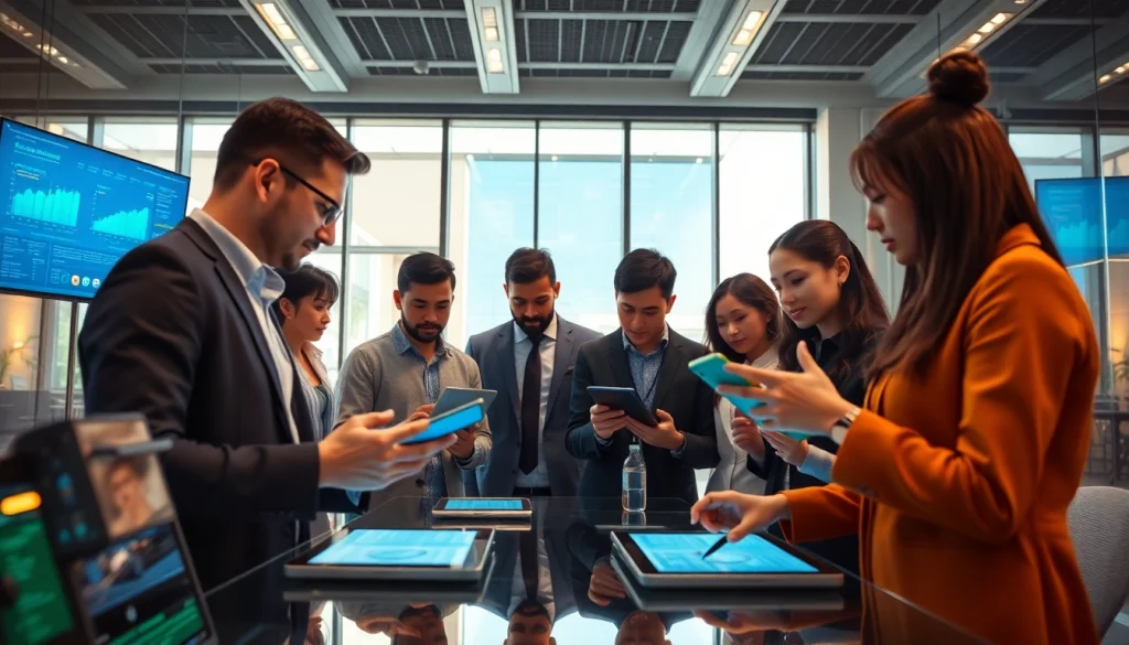 Collaborative team discussing Technology innovations in a modern office.