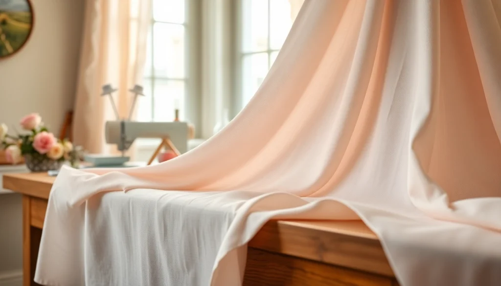 Mousseline stof in zachte pastelkleuren, mooi gedrapeerd over een houten tafel met bloemen en naaibenodigdheden.