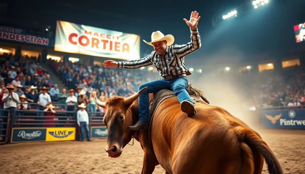 Chance Freeman showcasing his skills in a thrilling rodeo event, surrounded by an excited crowd.