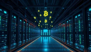 Explore top cloud mining technologies in a modern data center filled with sleek mining rigs and digital currency symbols.