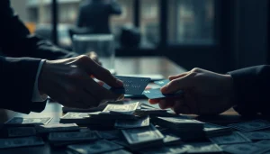 카드깡 거래 현장을 배경으로 한 신용카드와 현금의 교환 장면