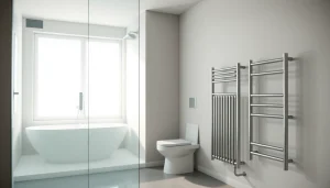 Sonni sanitär GmbH präsentiert hochwertige Duschwände und Badprodukte elegant in einem modernen Badezimmer.