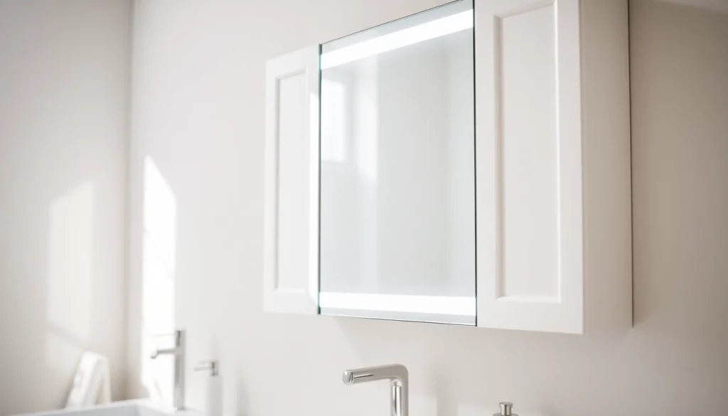 Spiegelschrank led mit elegantem Design und natürlichem Licht im modernen Badezimmer.