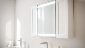 Spiegelschrank led mit elegantem Design und natürlichem Licht im modernen Badezimmer.