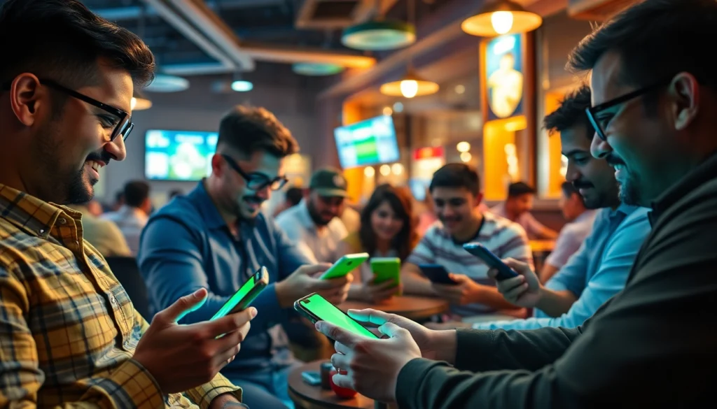 Engaging players using mobile devices for online sportsbooks India amidst a vibrant sports lounge atmosphere.