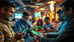 Engaging players using mobile devices for online sportsbooks India amidst a vibrant sports lounge atmosphere.