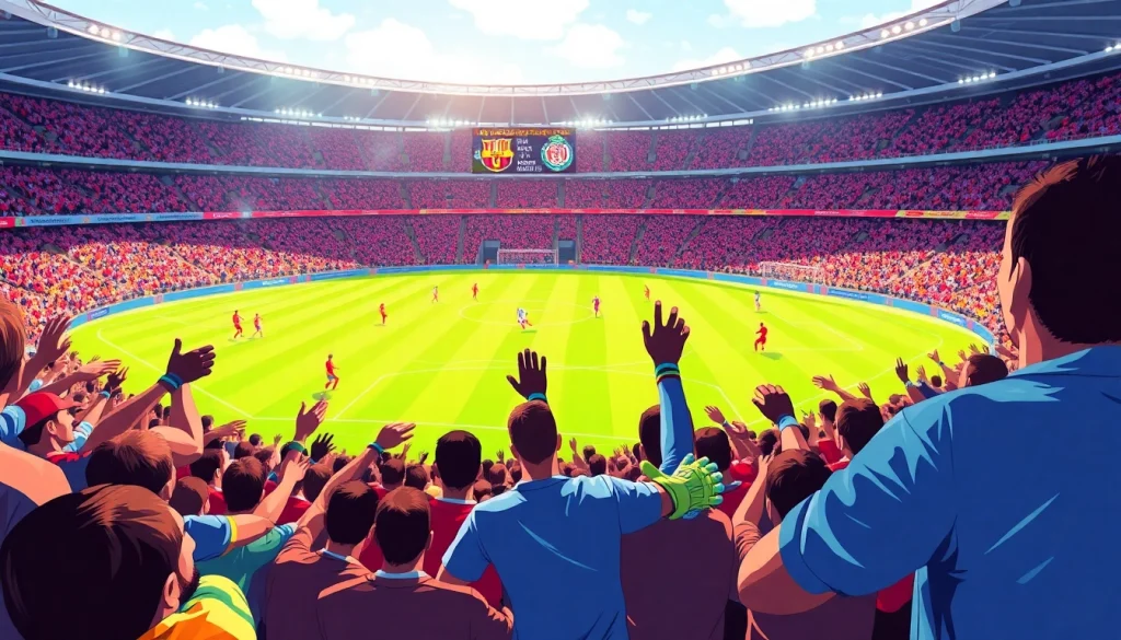 축구중계 시청하는 팬들, 현대적인 스타디움에서 선수들이 뛰는 모습