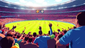 축구중계 시청하는 팬들, 현대적인 스타디움에서 선수들이 뛰는 모습