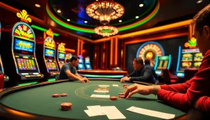 Excited players wagering chips at the f8bet poker table in a vibrant casino.