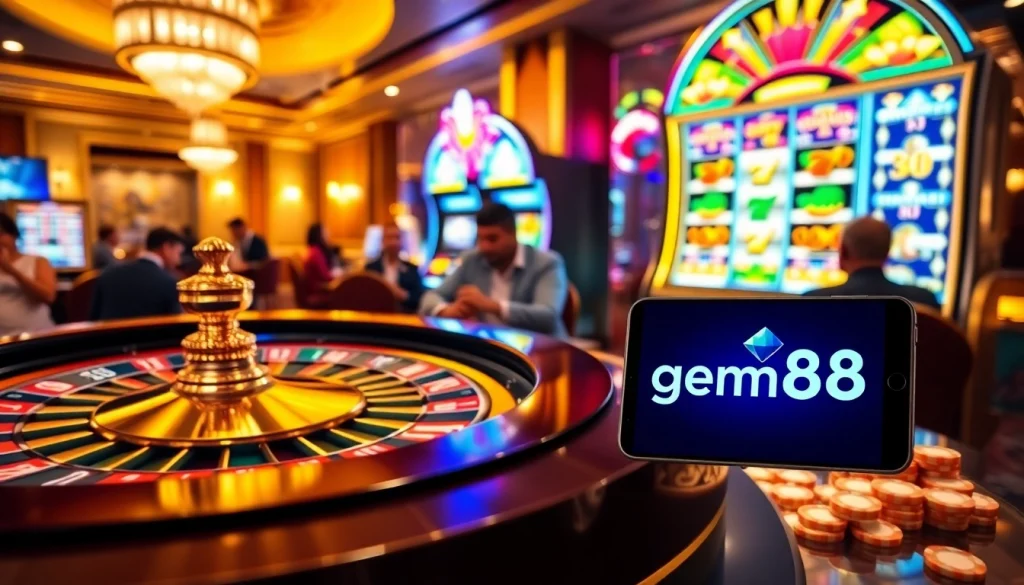 Exciting gambling scene with casino tables and gem88 logo highlighting high stakes play.