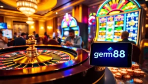 Exciting gambling scene with casino tables and gem88 logo highlighting high stakes play.