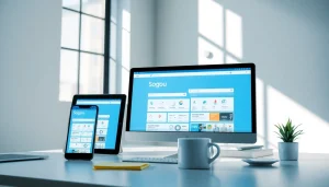 Sogou浏览器 displayed on multiple devices showcasing a user-friendly interface in a modern workspace.