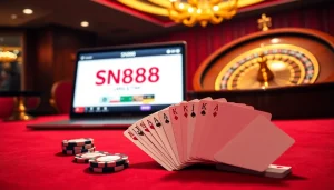 Experience the thrill of SN888 gaming with vibrant poker chips and a roulette wheel in a luxurious casino setting.