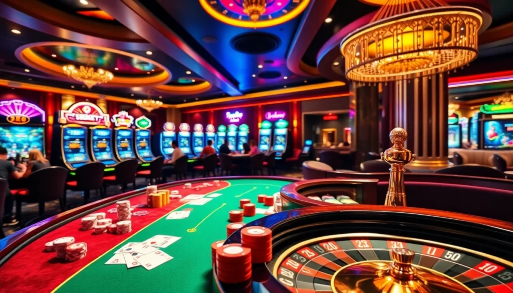 Exciting poker game scene at 9Dbet casino with vibrant chips and roulette.