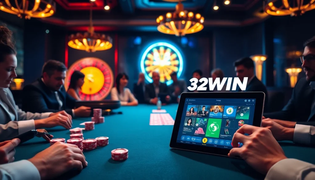 Players enjoying an exciting casino game at 32WIN, showcasing poker and vibrant gaming atmosphere.