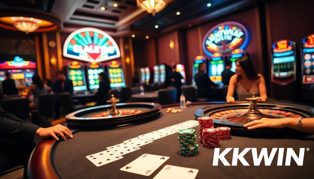 Engaging players experience kkwin games at a luxurious casino with poker and slot machines.