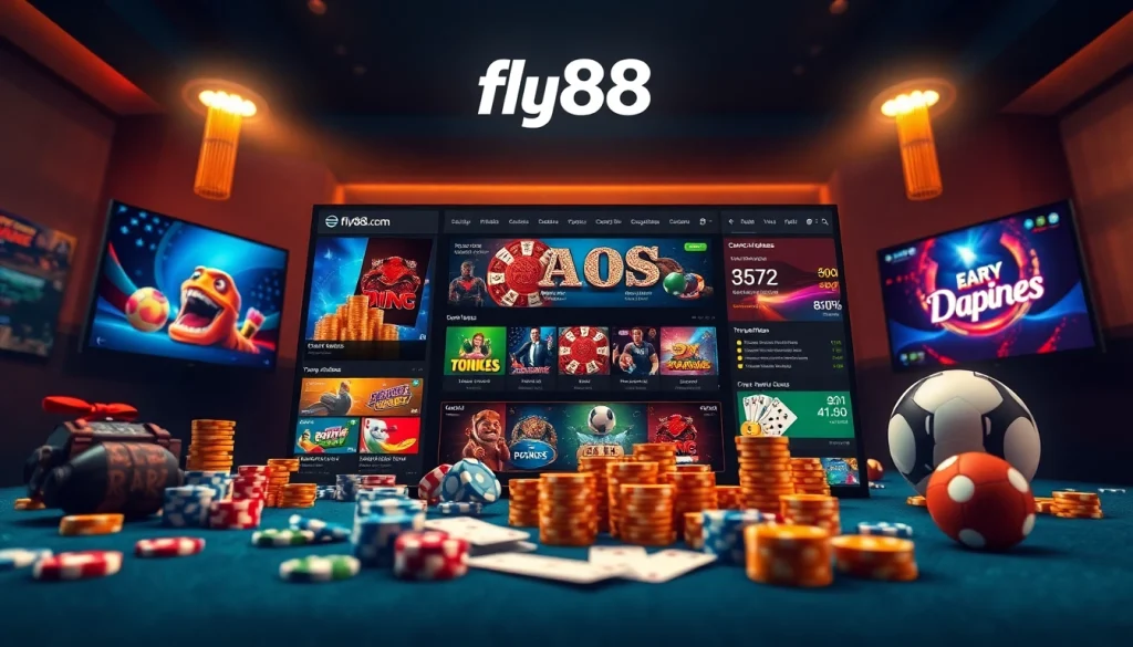 Engaging online betting platform interface for fly88.com with vibrant casino and sports betting elements.