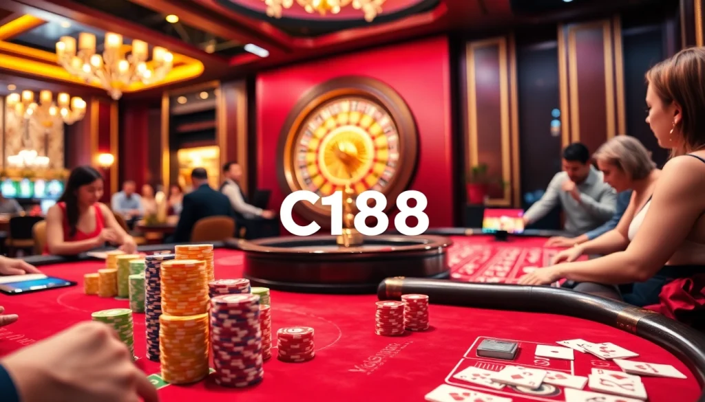 C168 casino scene featuring engaged players at Baccarat and Blackjack tables, showcasing luxury and excitement.