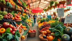 Colorful farmer's market scene highlighting unique health benefits of fresh fruits and vegetables.