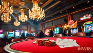 Exciting gaming action at 389WIN Casino with poker chips and vibrant slot machines.