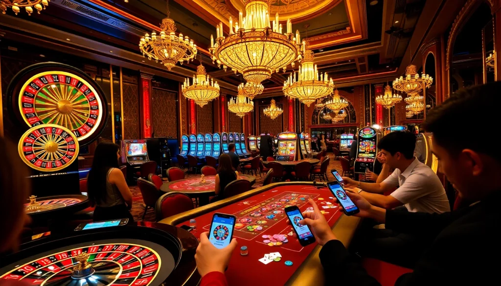 Engaged players using the 166bet App in a luxurious casino setting with roulette and poker.