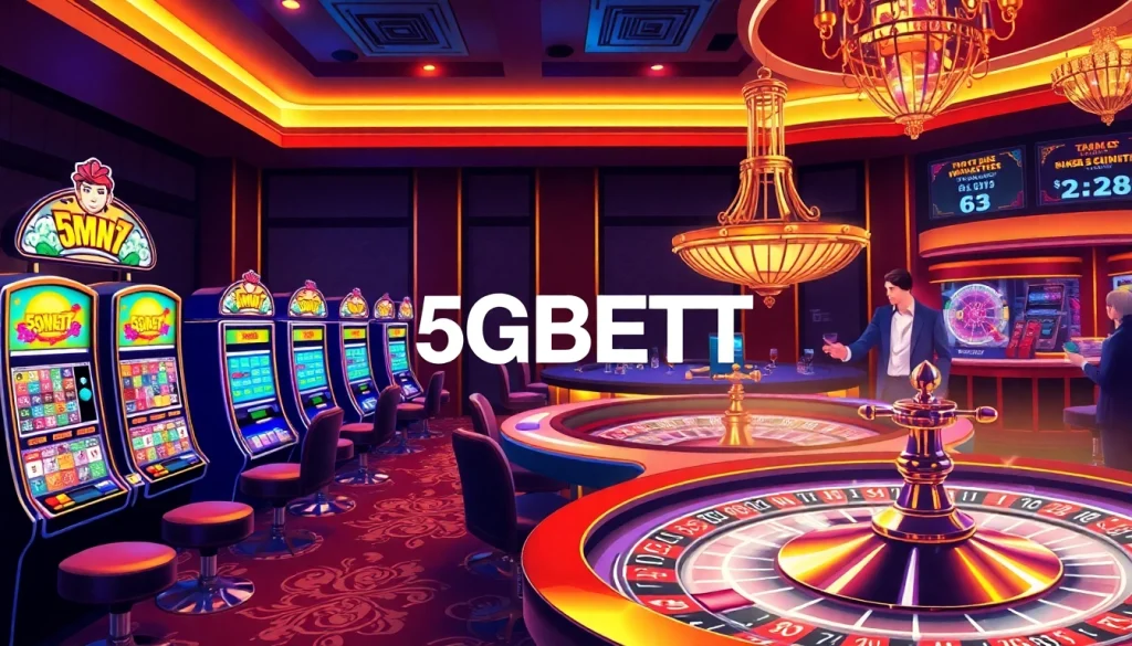 Exciting gameplay at 5GBET with vibrant slot machines and poker tables in a luxurious casino setting.