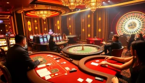 Players enjoying an exciting game night at the Go8 casino with colorful chips and vibrant tables.