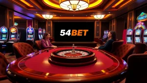 Players enjoying a thrilling poker game at 54BET casino with vibrant slot machines in the background.