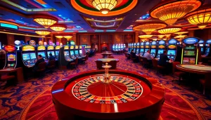 Players enjoying the thrill of 389WIN at a vibrant casino floor filled with slot machines and roulette.