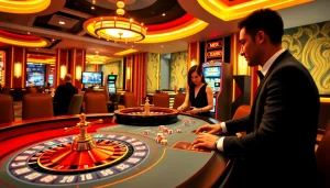 VM88 online casino with dealer, poker chips, and roulette table.