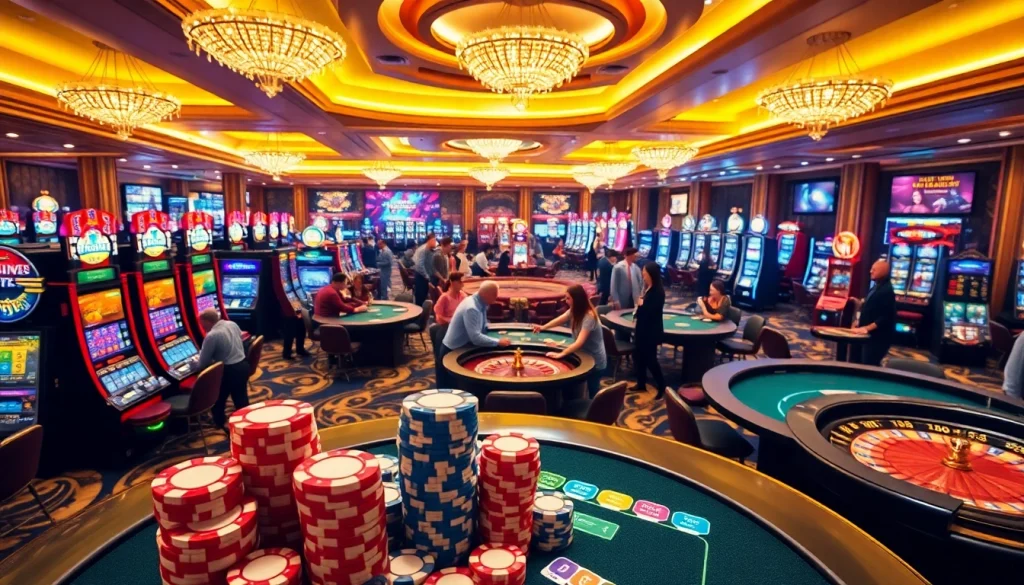 Experience the thrill of gaming at nh88's luxurious casino, featuring vibrant slot machines and roulette tables.