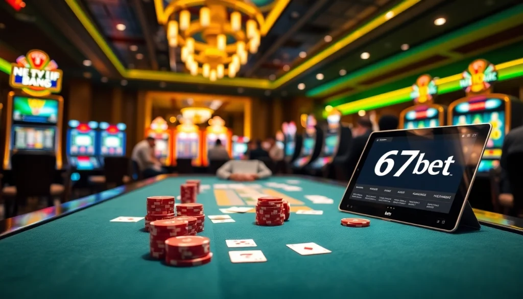 Exciting gaming at 67bet casino with vibrant poker action and slot machines in the background.