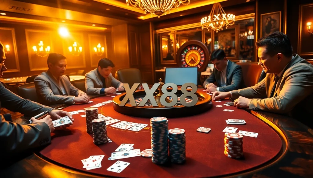 Players enjoying a high-stakes game at an XX88 poker table, surrounded by vibrant casino elements.