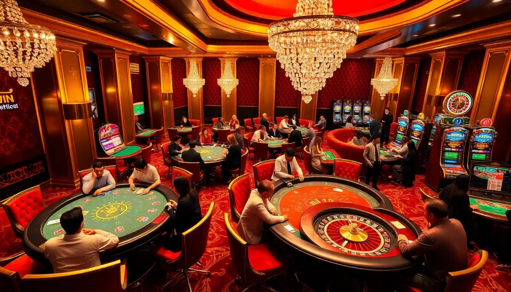 Experience the thrill of kkwin at a vibrant casino with excited players at poker and roulette tables.
