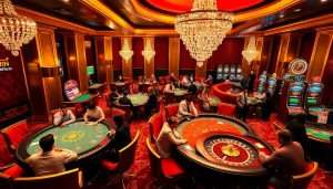 Experience the thrill of kkwin at a vibrant casino with excited players at poker and roulette tables.