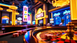 Experience California online casinos with a thrilling gaming table and vibrant neon lights.