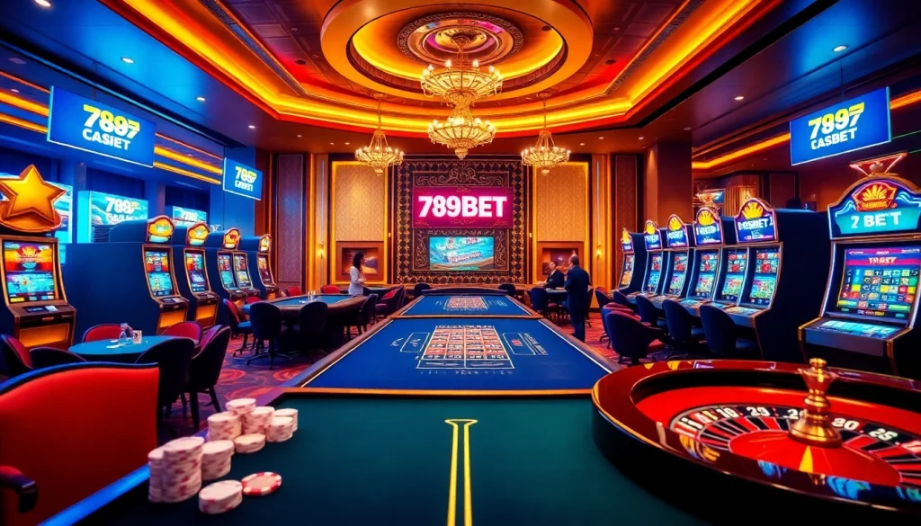 Experience the thrill of 789 BET with players engaging at elegant casino tables and vibrant slot machines.