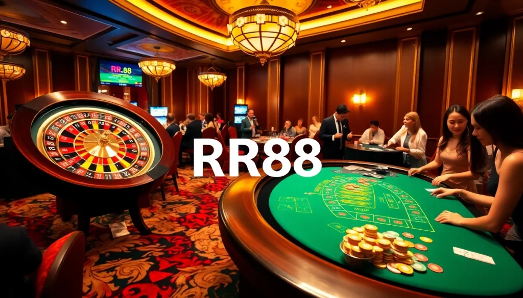 Experience the thrill of RR88 online casino with vibrant gaming elements and an excited atmosphere.