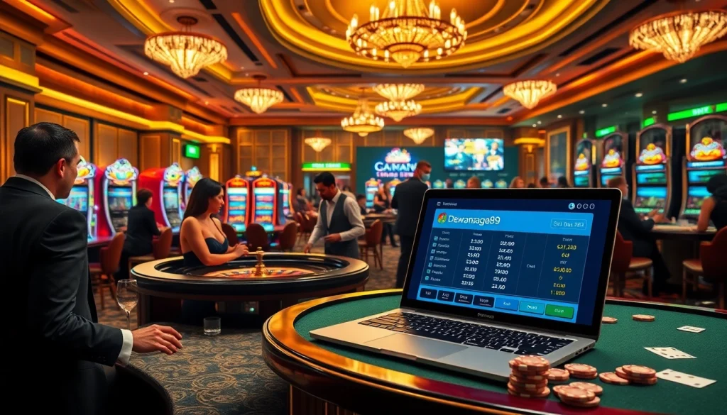 Pemain Dewanaga89 merayakan kemenangan di sekitar meja roulette di kasino mewah.