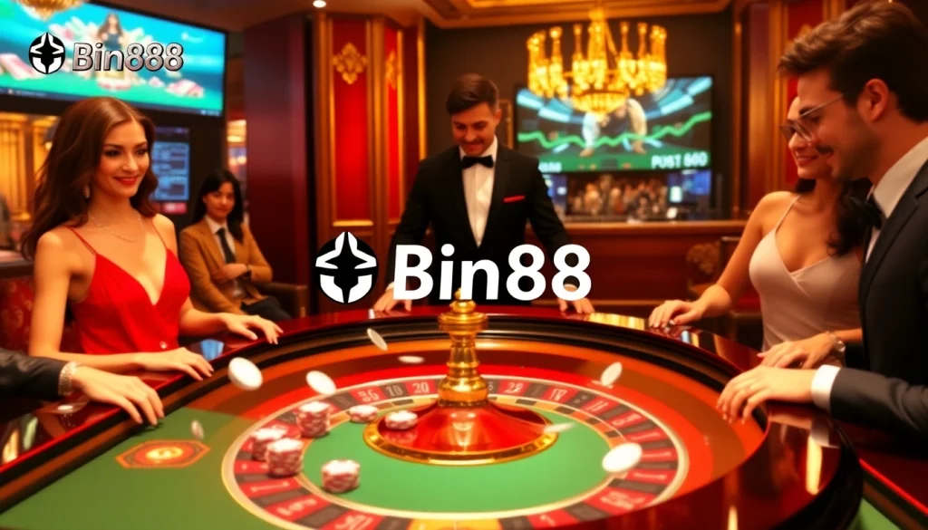 Gamblers at the Bin88 casino table enjoying a thrilling roulette game under soft golden lighting.