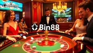 Gamblers at the Bin88 casino table enjoying a thrilling roulette game under soft golden lighting.