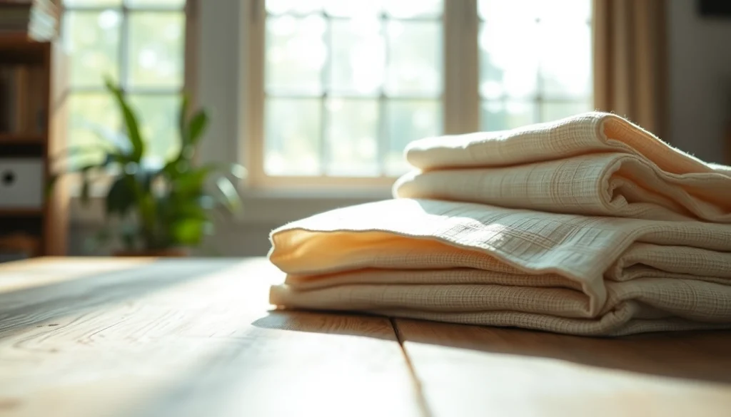 Linnen stof met natuurlijke textuur en verlichting op een houten tafel.