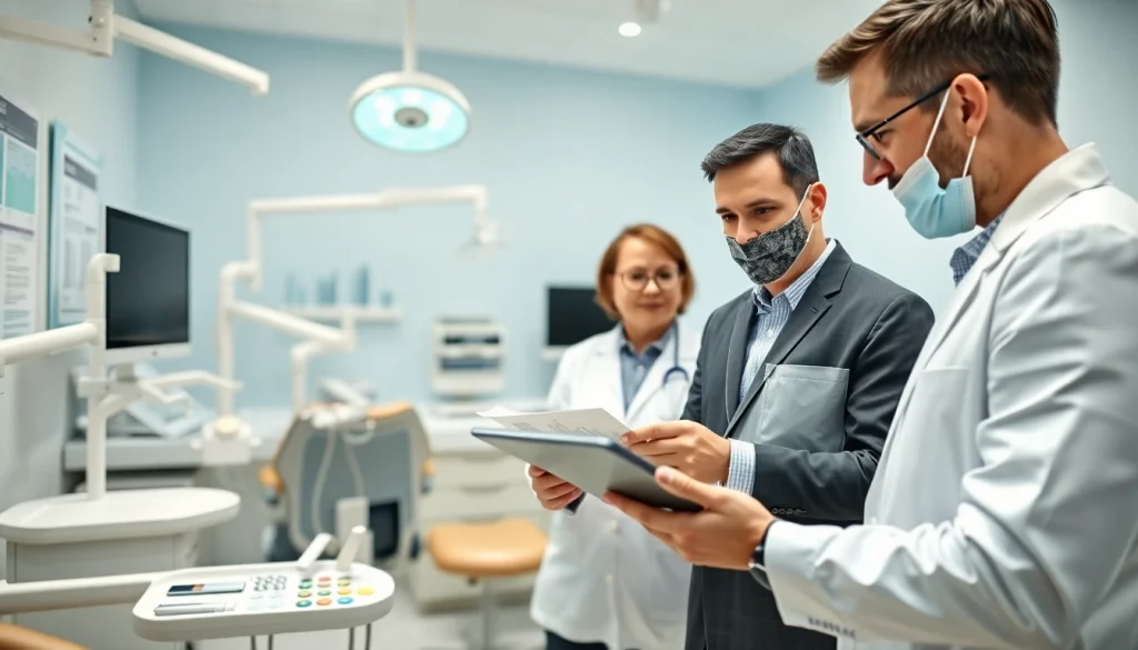 Engaging dental business consultant analyzing practice data in a professional setting.